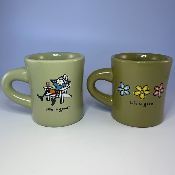 Life is Good Green Diner Mug Pair | Jake Adirondack Chair & Flowers Positivity - Picture 1 of 16